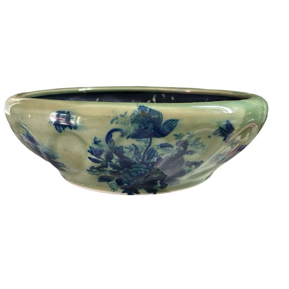 11” dia Bowl marked AAA imports. Jade green with cobalt blue floral